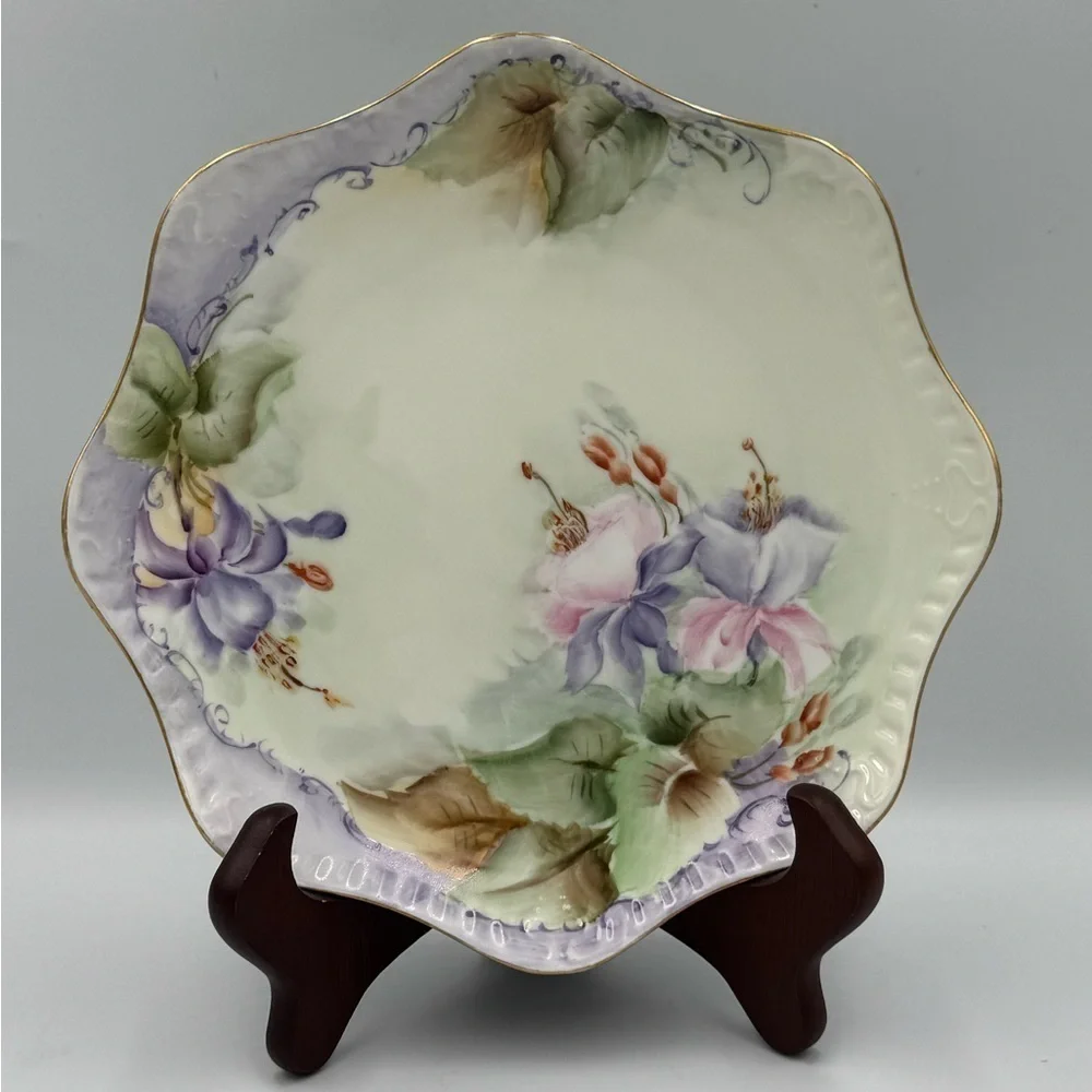 Vintage Bavarian Hand Painted Porcelain Plate Scalloped Edge with Gold Trim